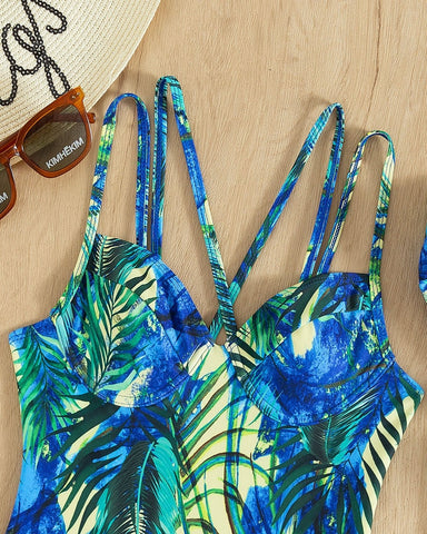 Contrast print cross front padded one piece swimwear