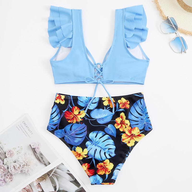 Cap sleeve contrast ruffle lace up leaf print bikini swimwear