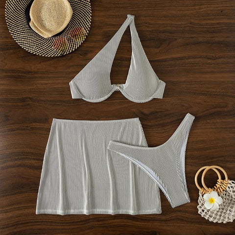 One shoulder hollow out solid irregular button 3 piece swimwear