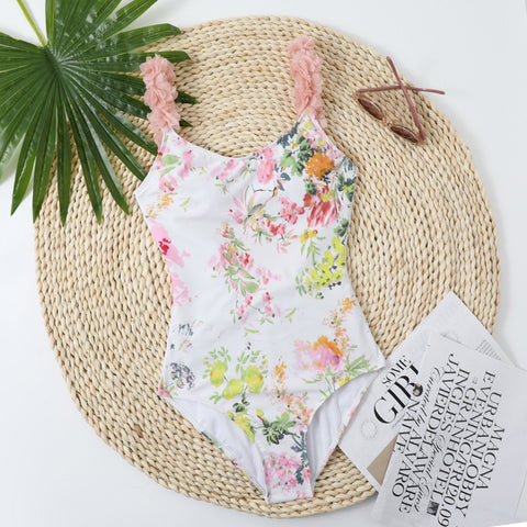 Flower pattern contrast u neck padded backless one piece swimwear