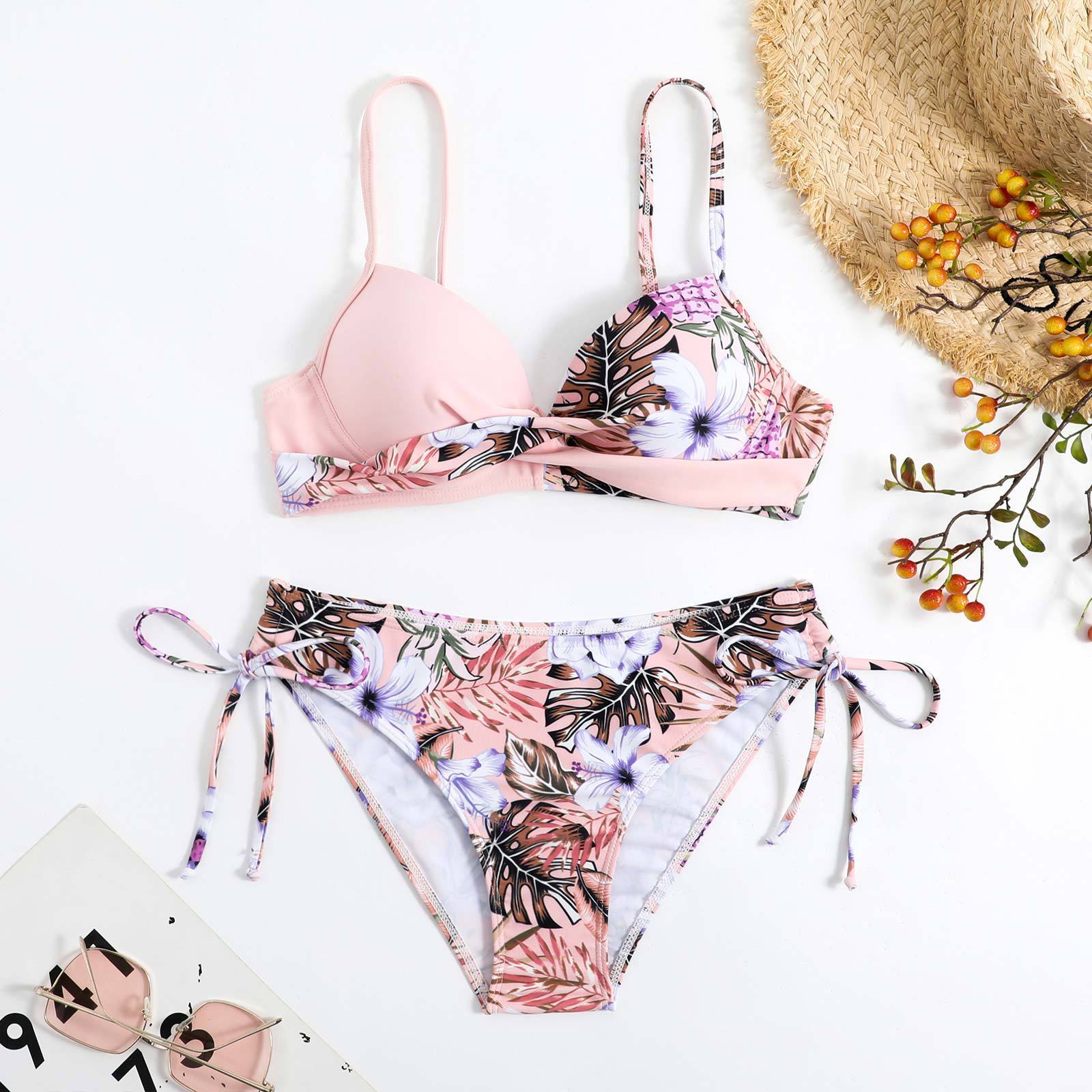 Flower print cross front padded self tie cami bikini swimwear