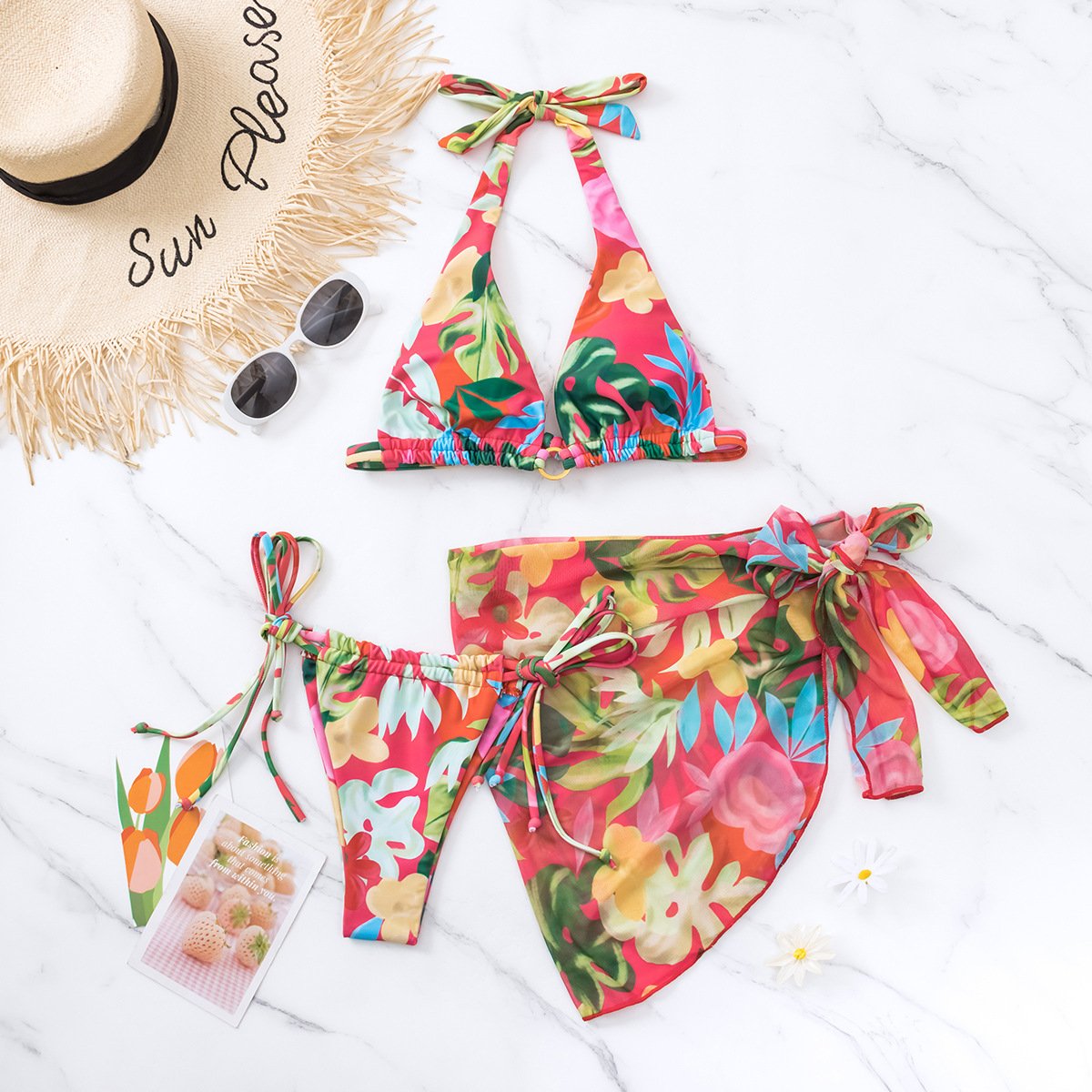 Flower print drawstring self tie halter backless mesh 3 piece swimwear