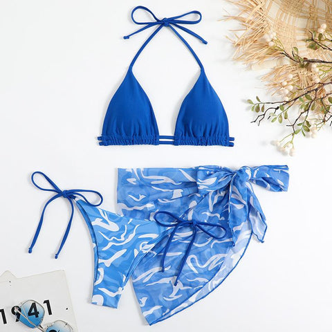 Ripple contrast print halter backless mesh 3 piece swimwear