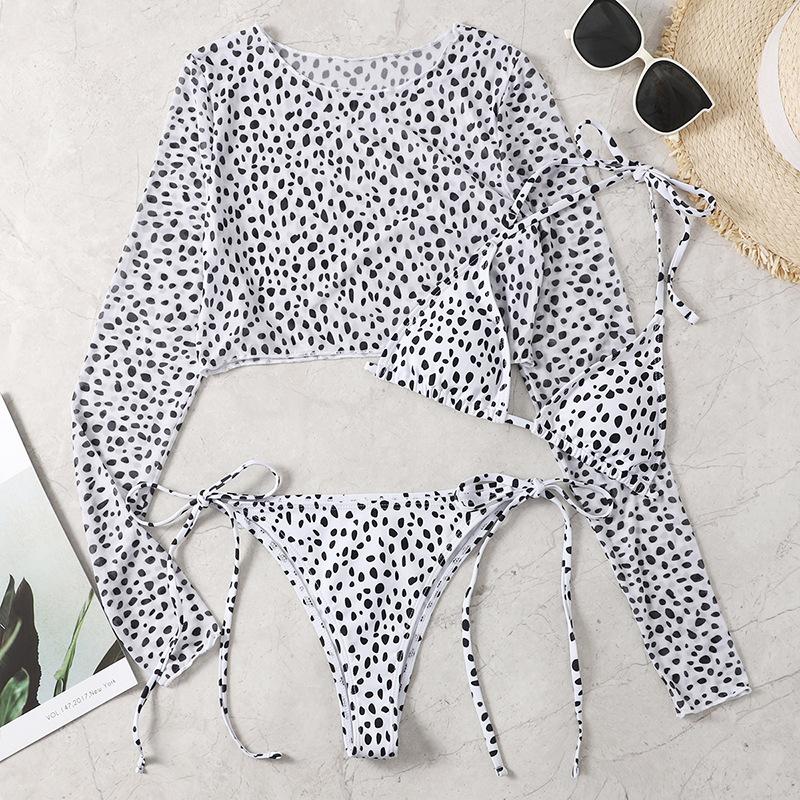 Leopard long sleeve self tie halter contrast 3 piece swimwear