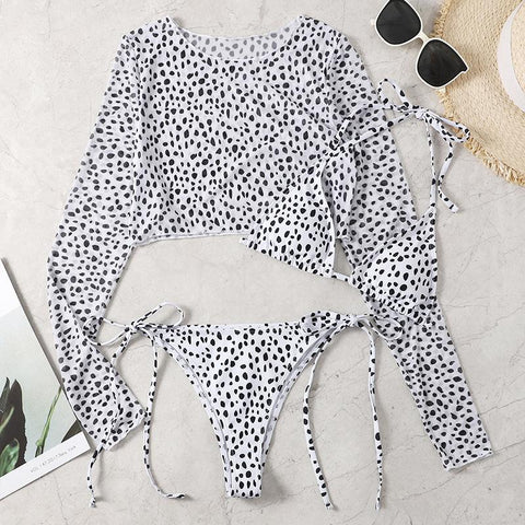 Leopard long sleeve self tie halter contrast 3 piece swimwear