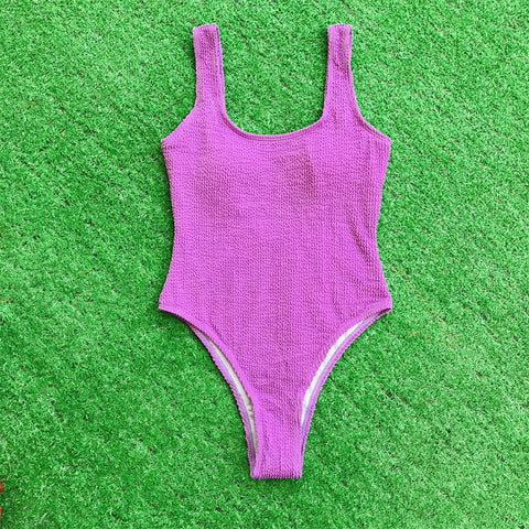 Textured sleeveless u neck solid one piece swimwear