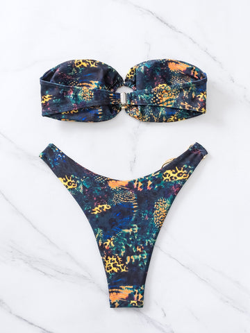 Contrast print padded tube bikini swimwear