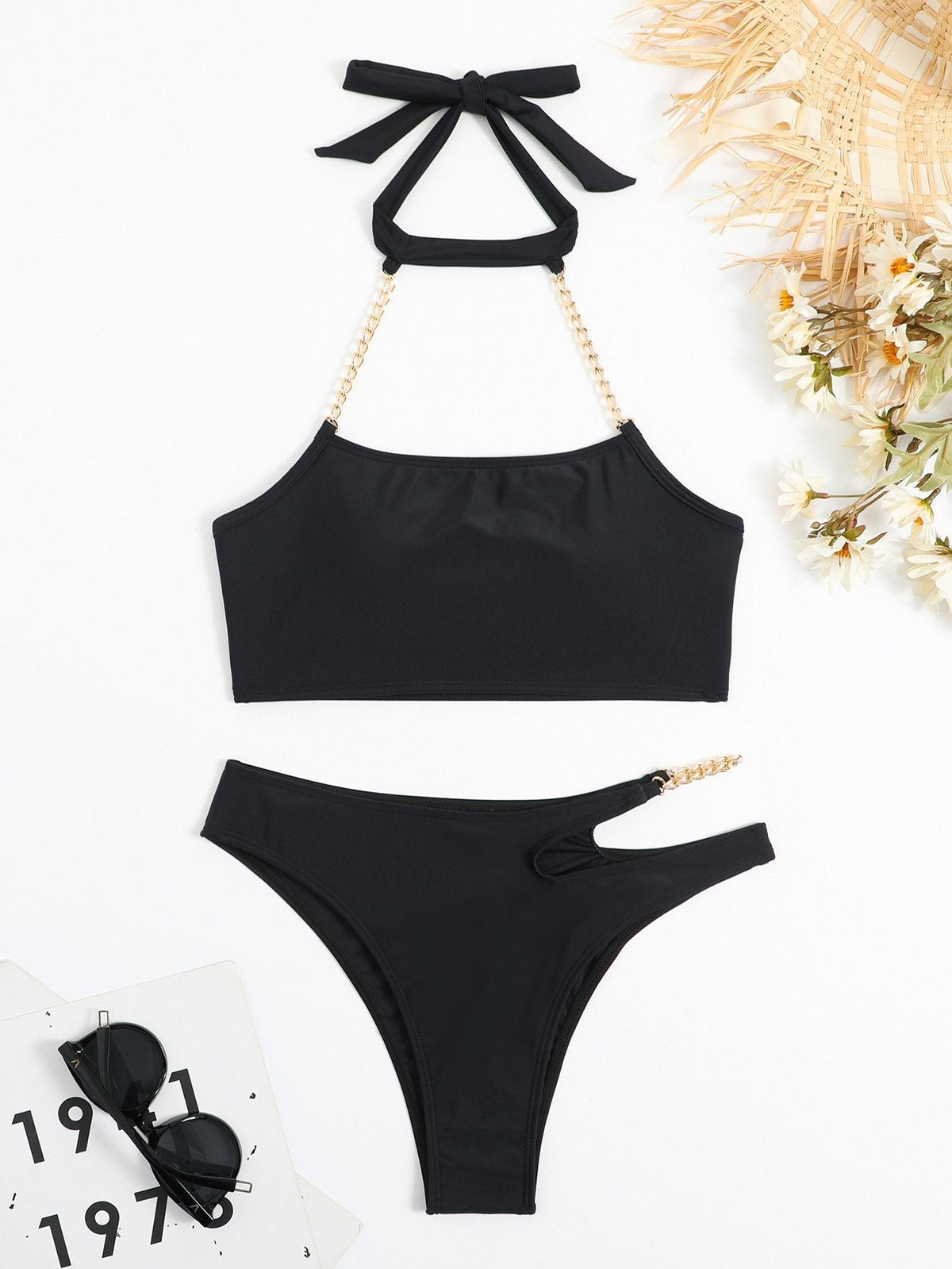 Metal chain halter hollow out self tie solid bikini swimwear