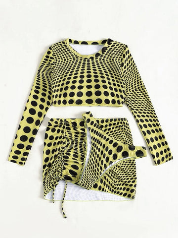 Polka dot contrast long sleeve drawstring 3 piece swimwear