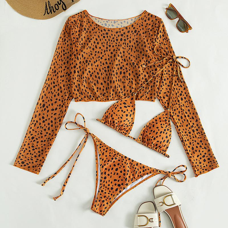 Leopard long sleeve self tie halter contrast 3 piece swimwear