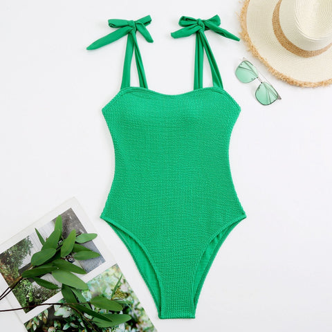 Textured self tie solid backless one piece swimwear