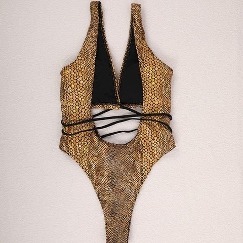 Solid cross front snakeskin print self tie metallic one piece swimwear