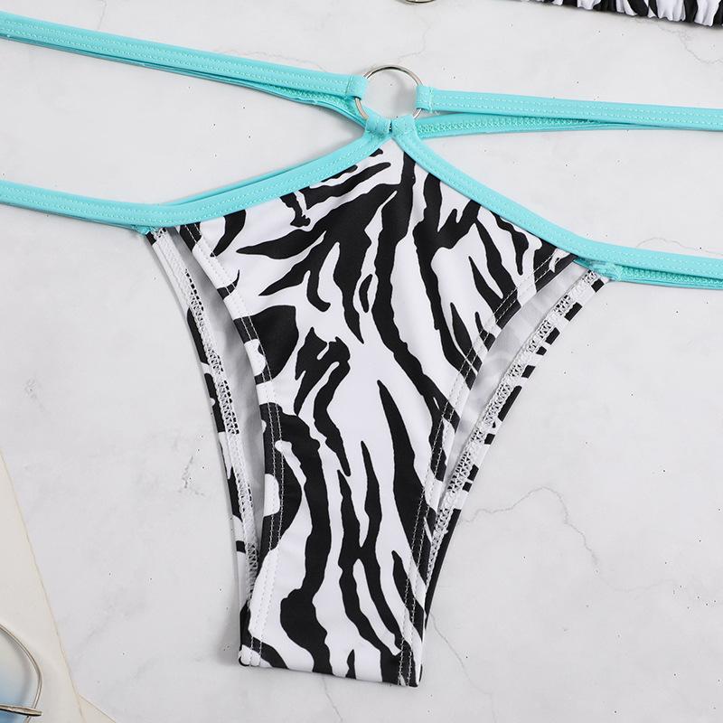 Zebra print halter o ring contrast backless bikini swimwear