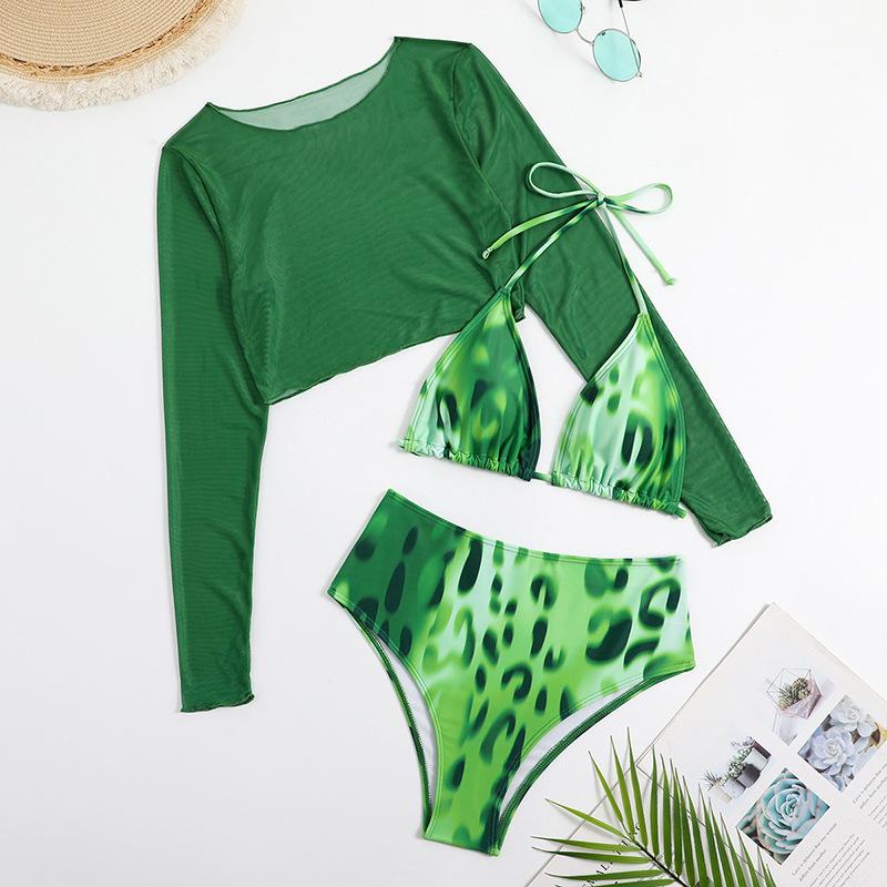 Leopard print long sleeve mesh halter self tie 3 piece swimwear