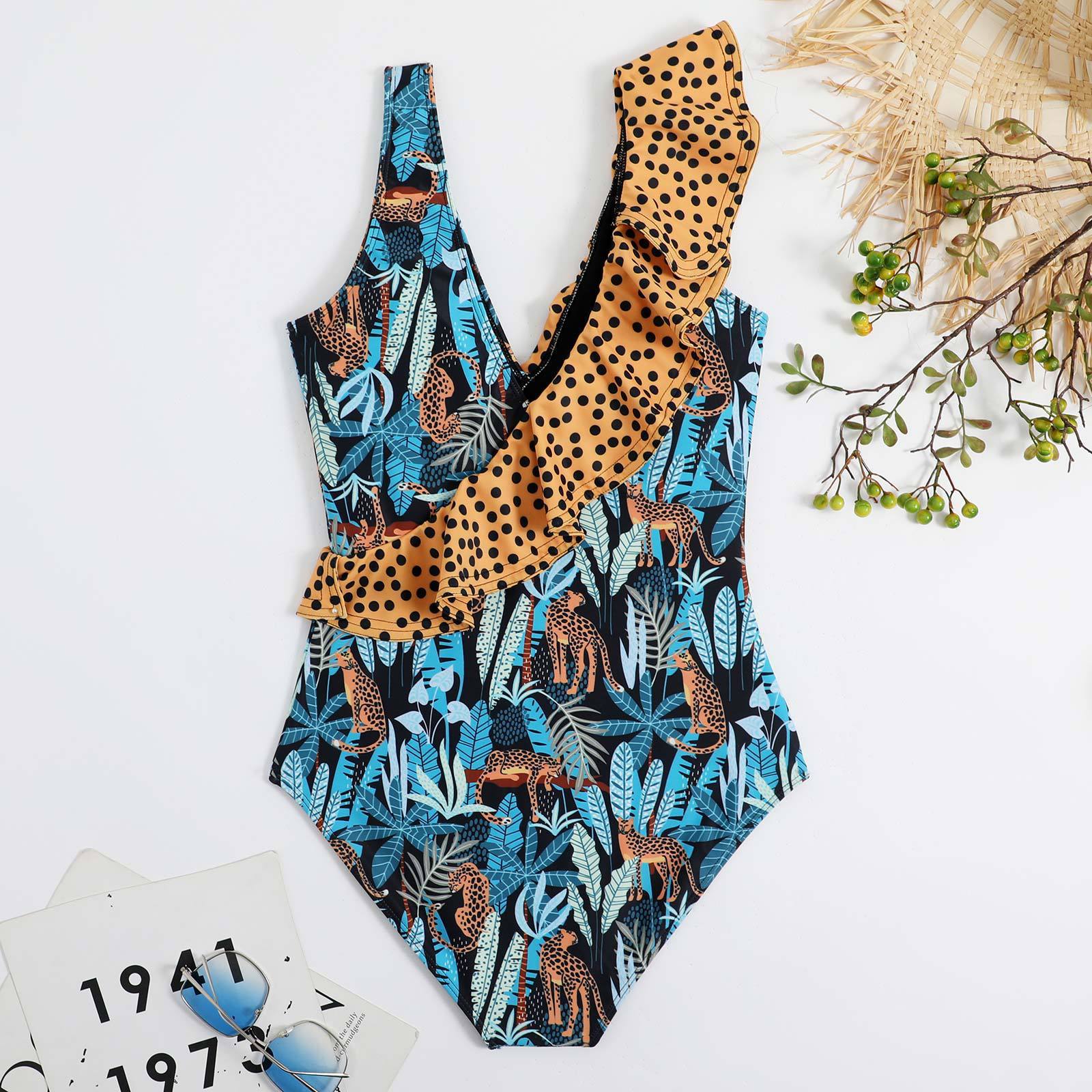 Ruffle contrast leaf print irregular one piece swimwear