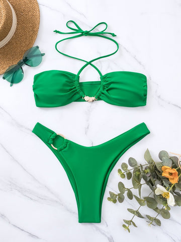 Halter solid o ring self tie metal applique bikini swimwear