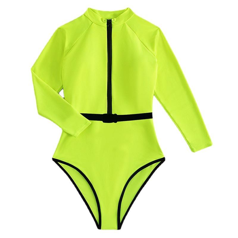 Zip-up contrast long sleeve belt one piece swimwear