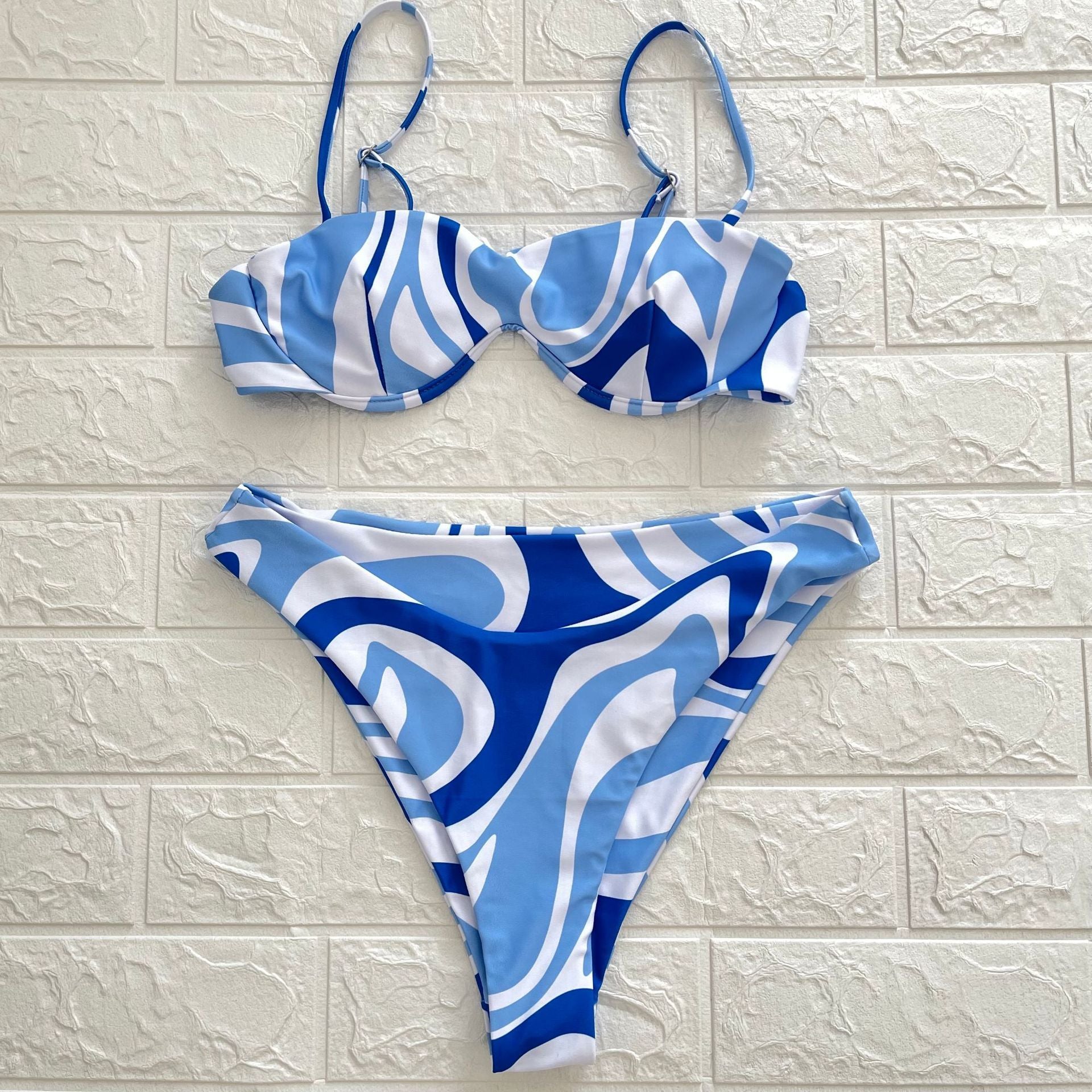 Contrast print square neck button cami bikini swimwear