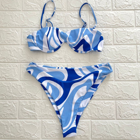 Contrast print square neck button cami bikini swimwear