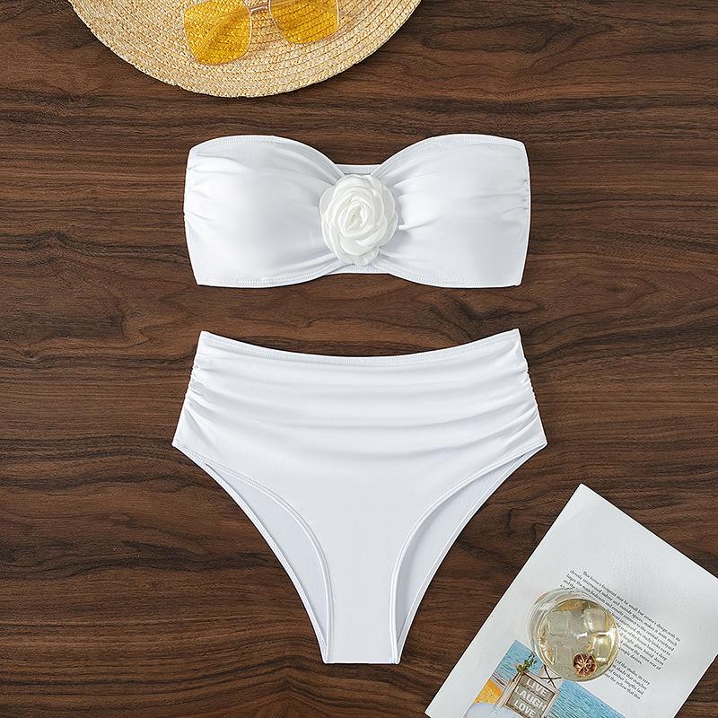 Flower applique ruched tube solid bikini swimwear