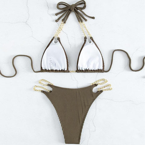 Striped halter metal chain self tie bikini swimwear