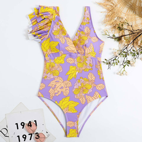 Contrast irregular ruffle leaf pattern one piece swimwear