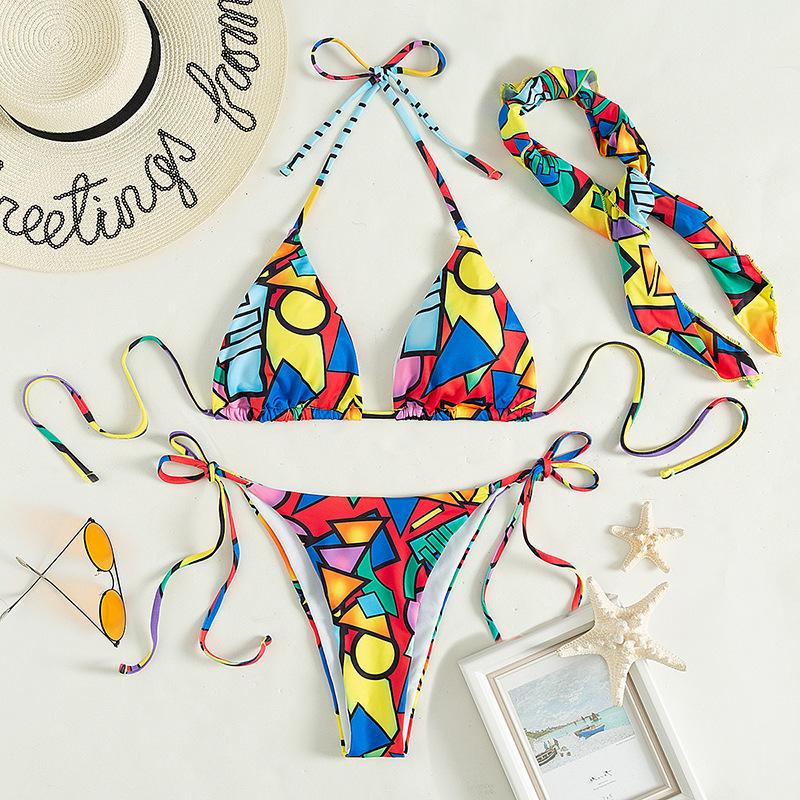 Contrast print self tie halter backless 3 piece swimwear