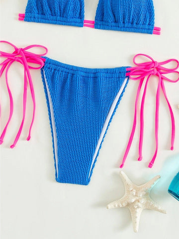 Halter contrast self tie textured bikini swimwear