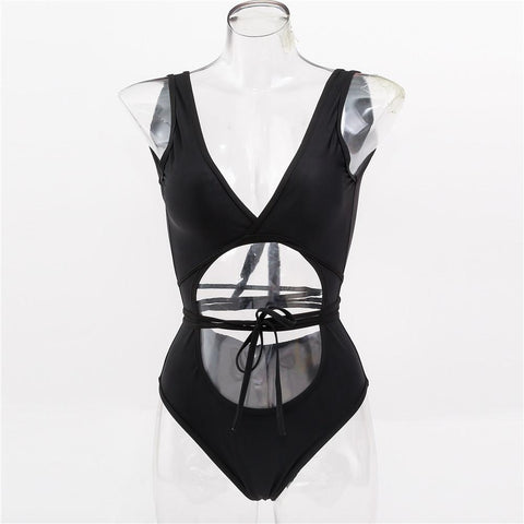 Self tie v neck sleeveless backless one piece swimwear