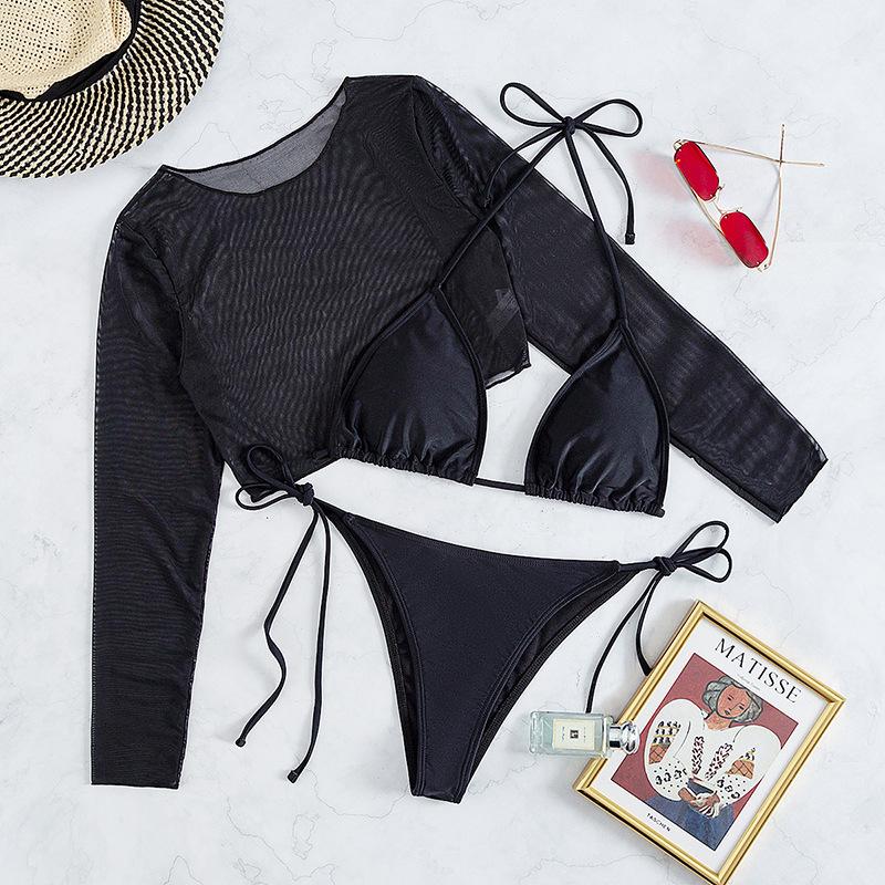 Mesh long sleeve halter solid 3 piece swimwear