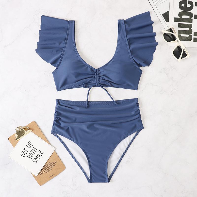 Padded ruffle cap sleeve drawstring solid ruched bikini swimwear