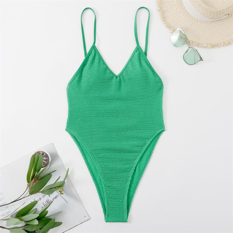 Textured v neck solid padded backless one piece swimwear