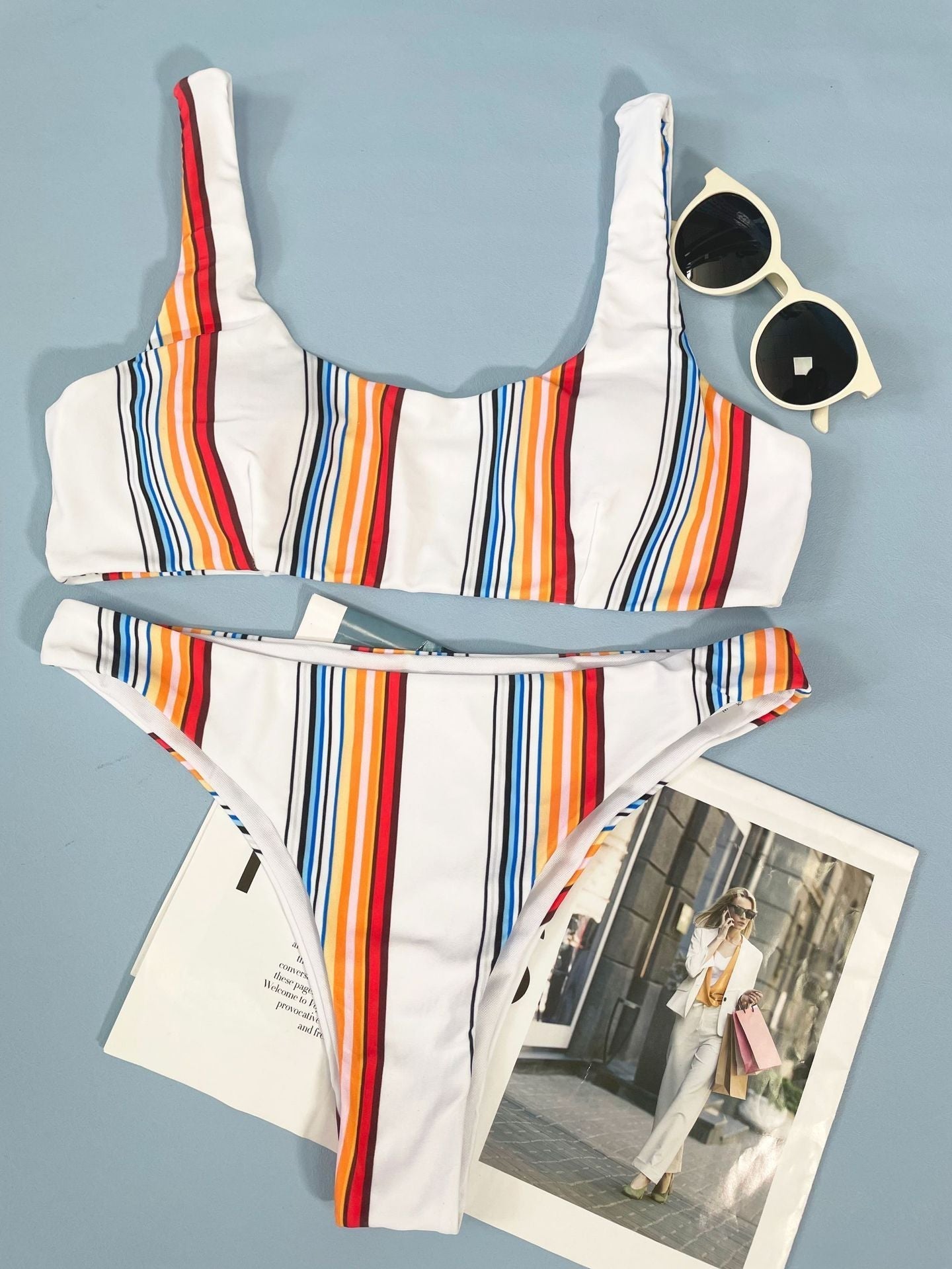 Contrast print striped bikini swimwear