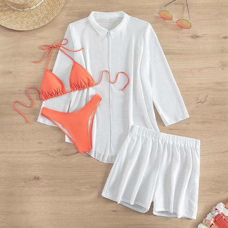 Chiffon long sleeve halter self tie contrast 4 piece swimwear