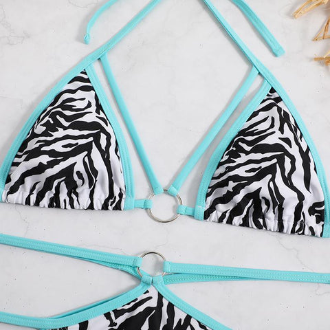 Zebra print halter o ring contrast backless bikini swimwear