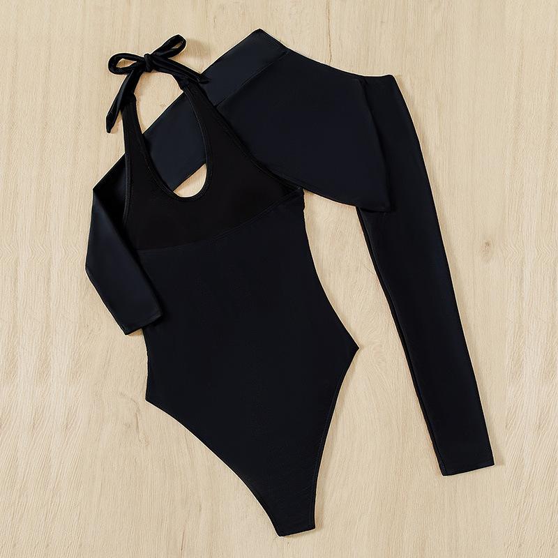 Long sleeve solid u neck halter one piece swimwear with cover up