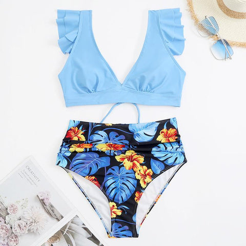 Cap sleeve contrast ruffle lace up leaf print bikini swimwear