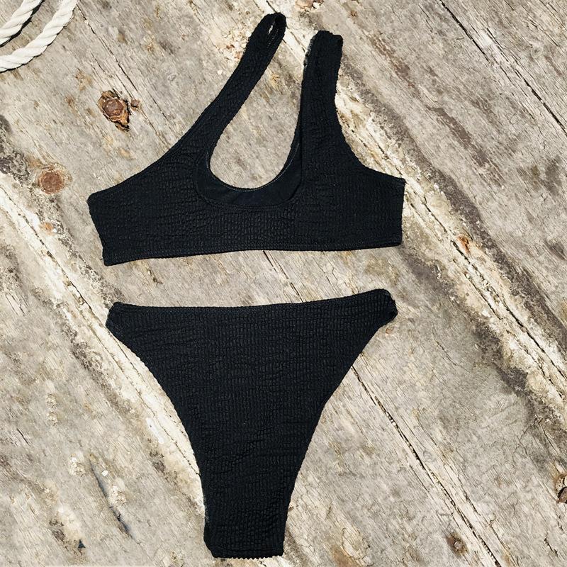 One shoulder textured irregular bikini swimwear