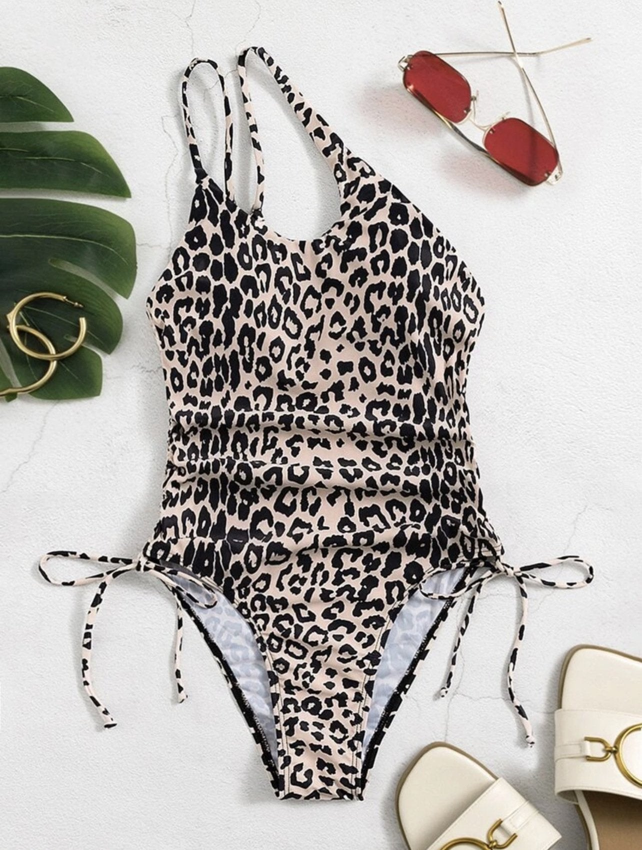 Leopard drawstring one shoulder irregular one piece swimwear