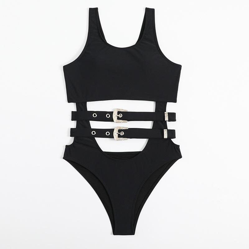 Buckle hollow out U neck one piece swimwear