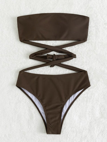 Cross front solid self tie padded tube bikini swimwear