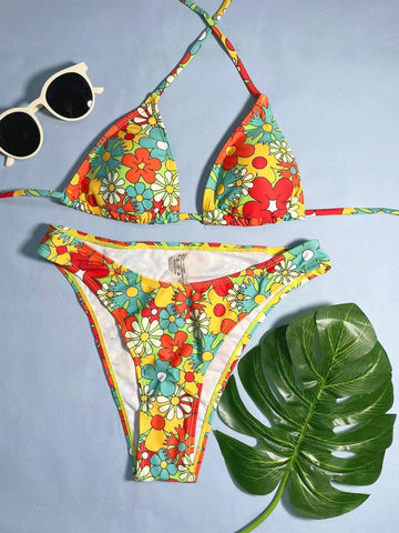 Contrast flower pattern halter self tie bikini swimwear