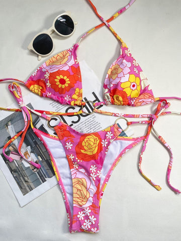 Flower pattern contrast o ring self tie halter padded bikini swimwear