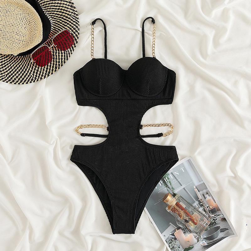 Metal chain button padded solid self tie one piece swimwear