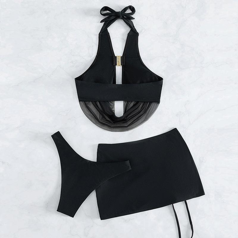 Mesh cowl neck solid halter drawstring buckle 3 piece swimwear