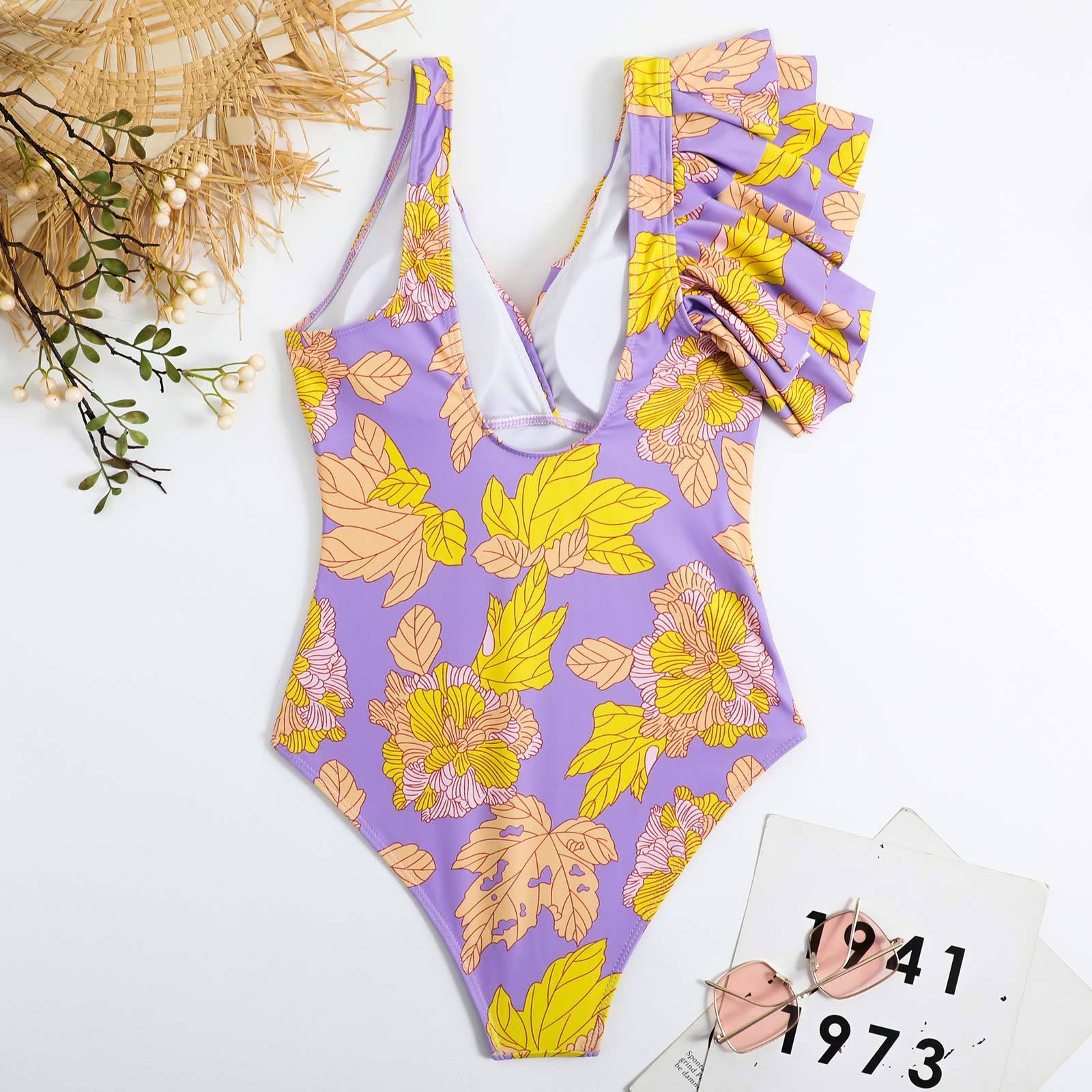 Contrast irregular ruffle leaf pattern one piece swimwear