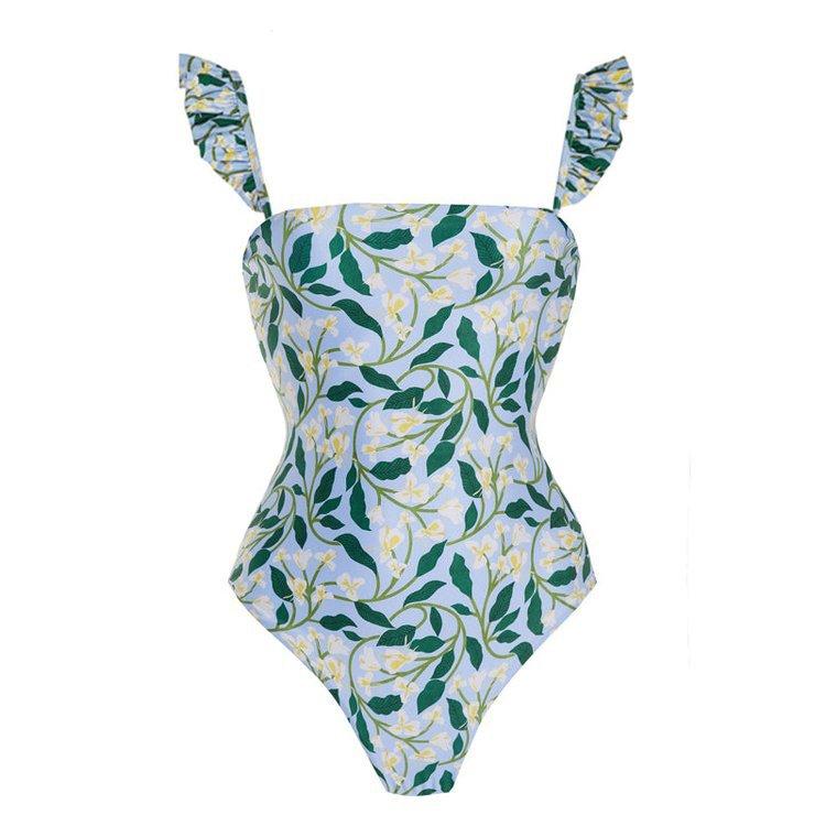 Contrast abstract print ruffle one piece swimwear with beach skirt