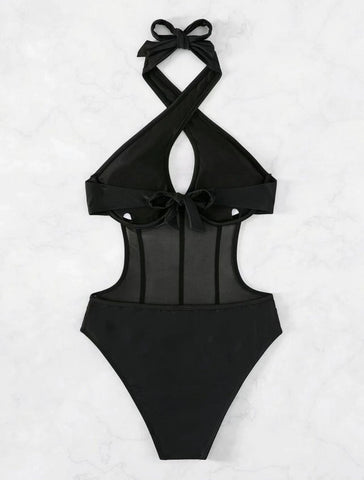 Cross front halter self tie mesh backless one piece swimwear