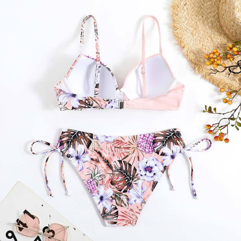 Flower print cross front padded self tie cami bikini swimwear