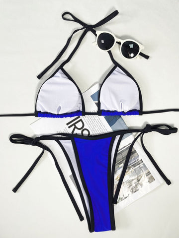 Halter contrast self tie padded bikini swimwear